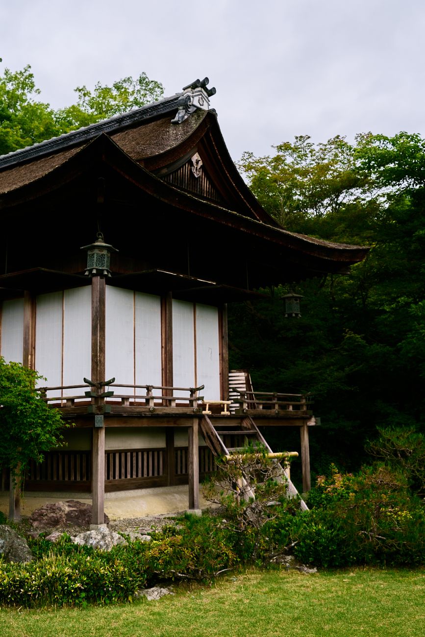Traditional Japanese wooden pagoda and gardens